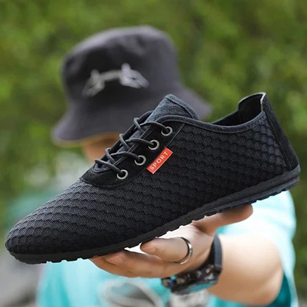 Hollow Breathable Mesh Design Men Casual Flat Shoes Lace Closure Almond Toe Walk