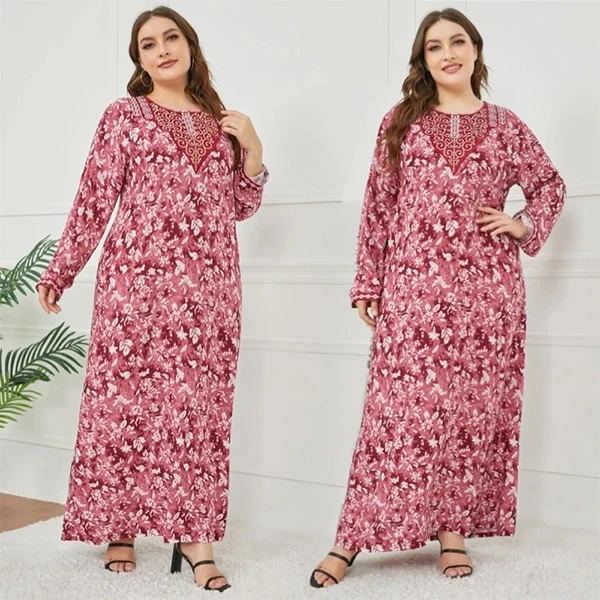 Bohemian Floral Pattern Full Sleeves Formal Casual Wear Women Abaya Style Plus S