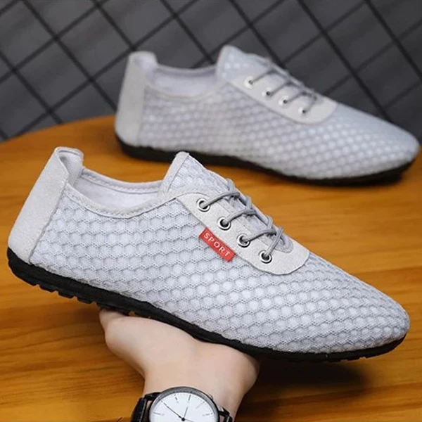 Hollow Breathable Mesh Design Men Casual Flat Shoes Lace Closure Almond Toe Walk