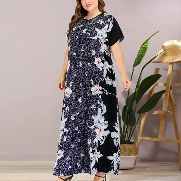 Plus Size Floral Print Short Sleeves Women Abaya Formal Casual Wear Long Maxi Dr