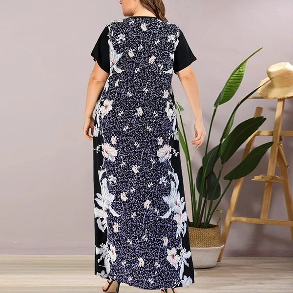 Plus Size Floral Print Short Sleeves Women Abaya Formal Casual Wear Long Maxi Dr