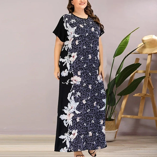 Plus Size Floral Print Short Sleeves Women Abaya Formal Casual Wear Long Maxi Dr
