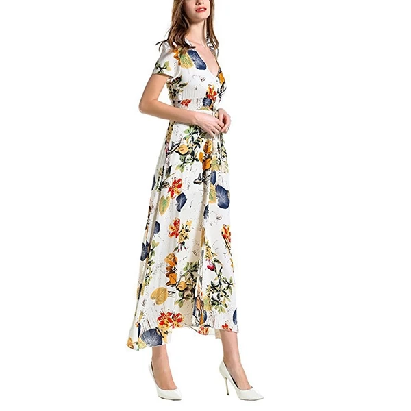 Multi Floral Pattern V Neck Short Sleeves Women Casual Wear Midi Dress