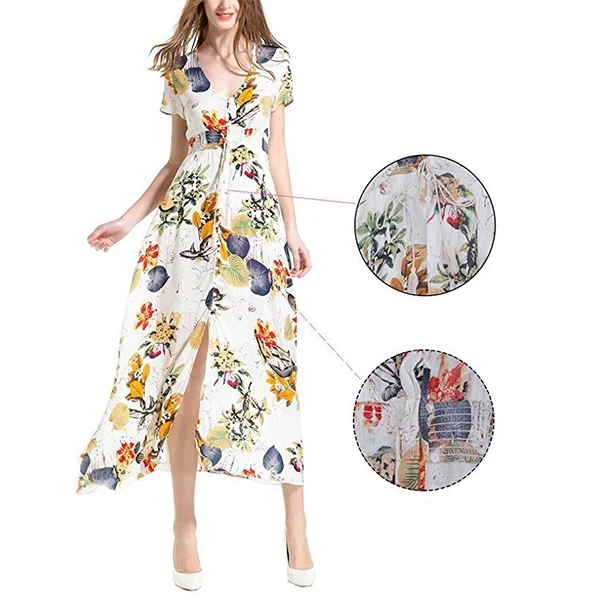 Multi Floral Pattern V Neck Short Sleeves Women Casual Wear Midi Dress