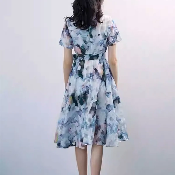 Random Print Round Neck Short Sleeves Women Casual Wear Mini A-Line Belted Dress