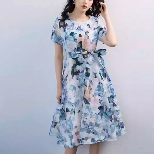 Random Print Round Neck Short Sleeves Women Casual Wear Mini A-Line Belted Dress