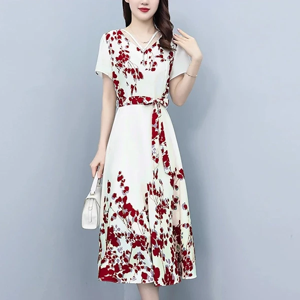 Pearls V Neck Short Sleeves Women Casual Formal Wear A-Line Belted Dress