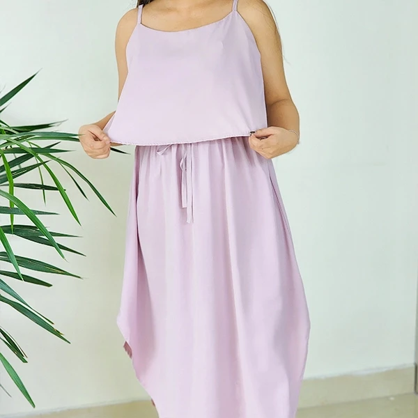 Summer Pink Two Layer Sleeveless Knot Waist Casual Midi Dress