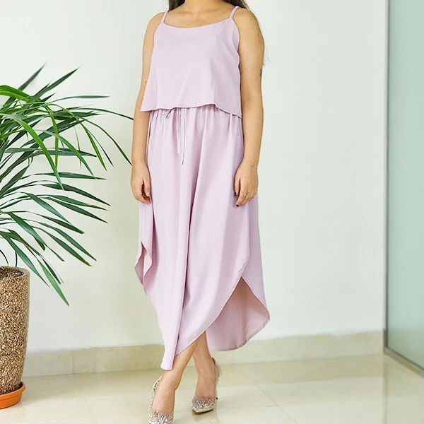 Summer Pink Two Layer Sleeveless Knot Waist Casual Midi Dress