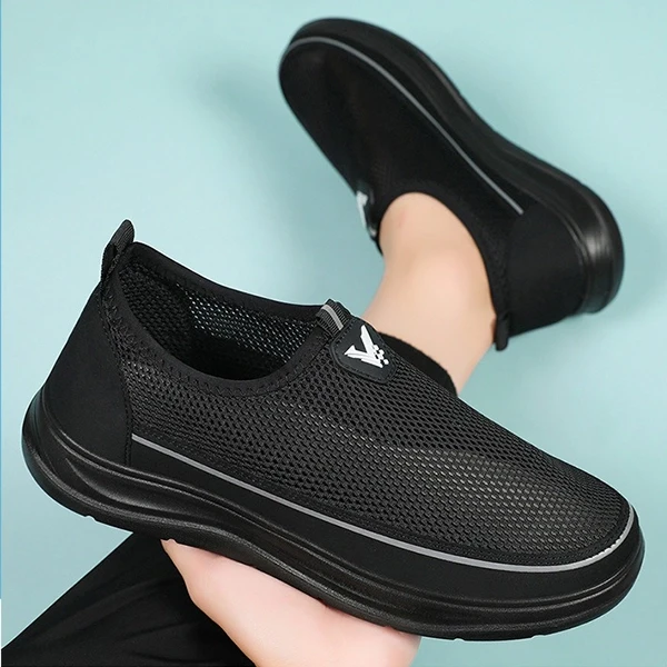 Breathable Mesh Panel Casual Flat Shoes For Men Slip On Soft Bottom Casual Walki