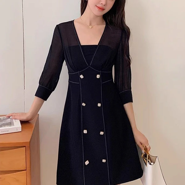 Black V Neck Cocktail Dress with Sleeves - Stylish and Fashionable Casual Wear (