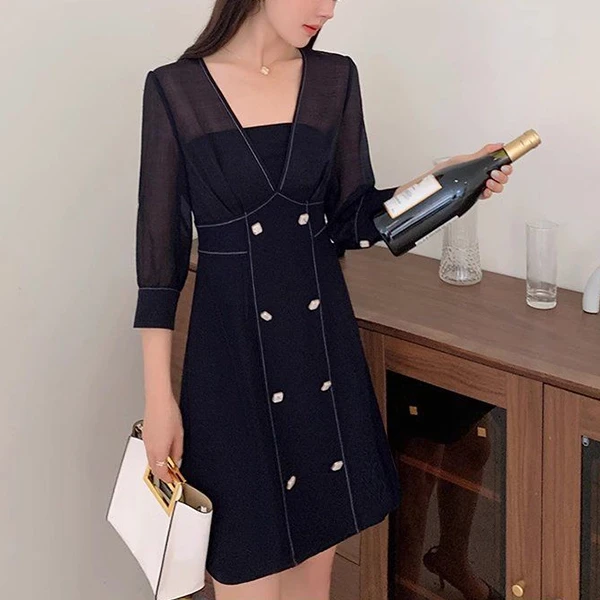 Black V Neck Cocktail Dress with Sleeves - Stylish and Fashionable Casual Wear (