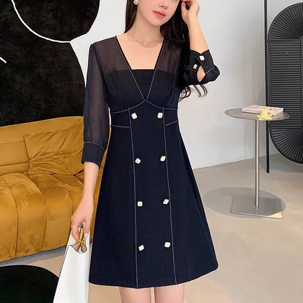 Black V Neck Cocktail Dress with Sleeves - Stylish and Fashionable Casual Wear (