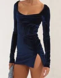Blue Velvet Square Neck Ruched Women's Cocktail Dress Above Knee