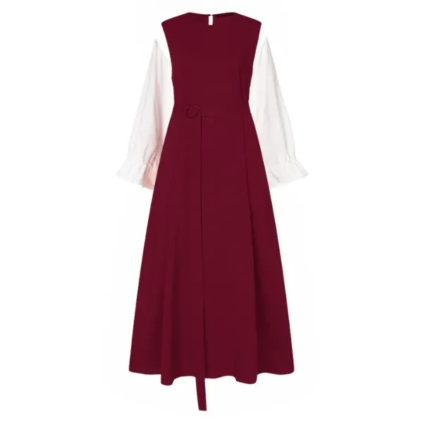 Muslim Women Claret Red Abaya Dress, A Line Patchwork Long Maxi Dress, Long Slee