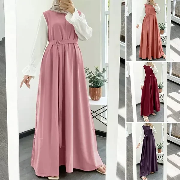 Muslim Women Pink Abaya Dress, A-Line Patchwork Long Maxi Dress, Long Sleeve, Wi
