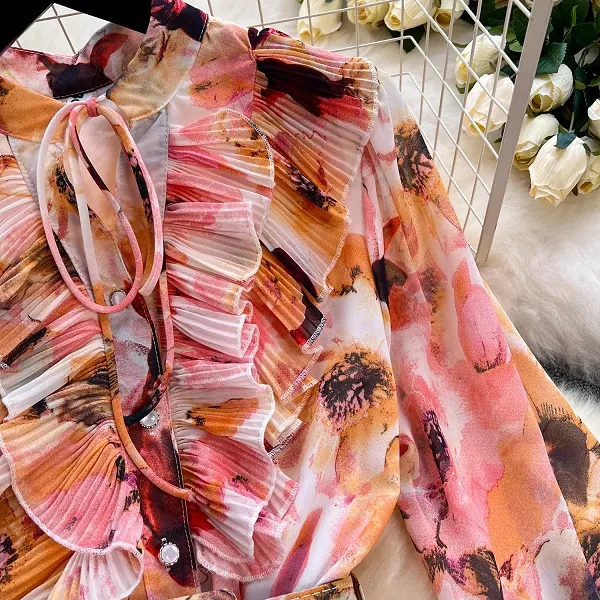 Floral Print Ruffle Neck Full Sleeves Lace-Up Ribbed Pattern Maxi Belted Dress