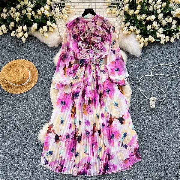 Floral Print Ruffle Neck Full Sleeves Lace-Up Ribbed Pattern Maxi Belted Dress