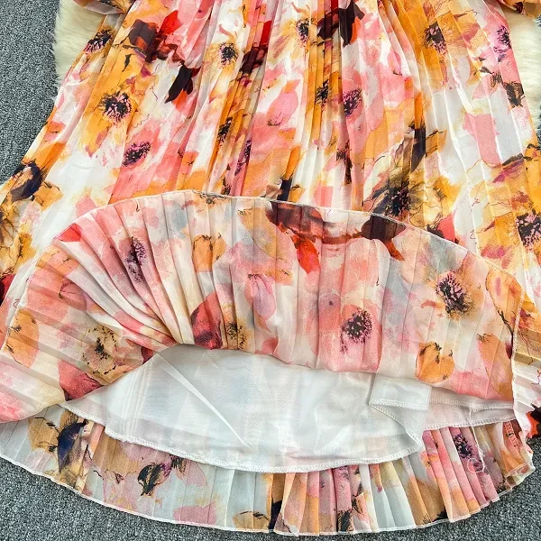 Floral Print Ruffle Neck Full Sleeves Lace-Up Ribbed Pattern Maxi Belted Dress