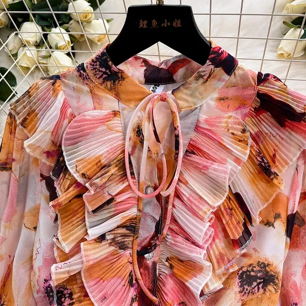 Floral Print Ruffle Neck Full Sleeves Lace-Up Ribbed Pattern Maxi Belted Dress