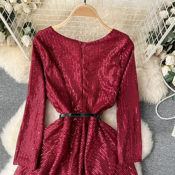 Trendy Golden Color V Neck Long Sleeves Dual Layered Maxi Women Designer Dress