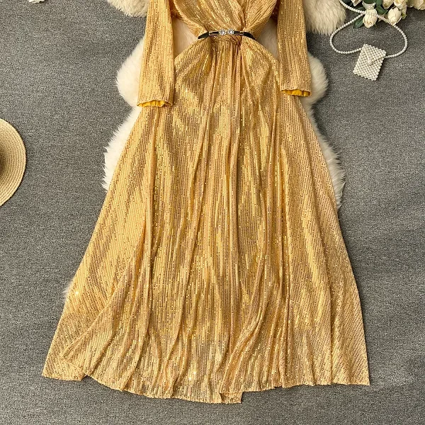 Trendy Golden Color V Neck Long Sleeves Dual Layered Maxi Women Designer Dress