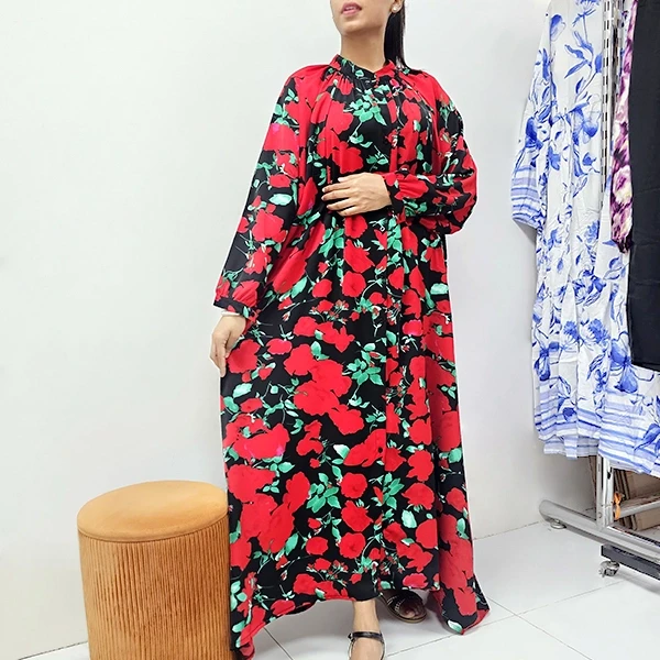 Retro Floral Printed Stand Collar Full Sleeves Split Design Long Maxi DORBE Abay