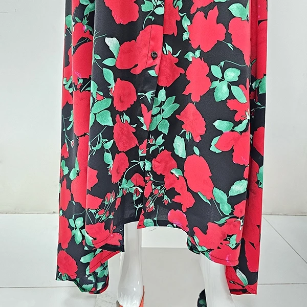 Retro Floral Printed Stand Collar Full Sleeves Split Design Long Maxi DORBE Abay