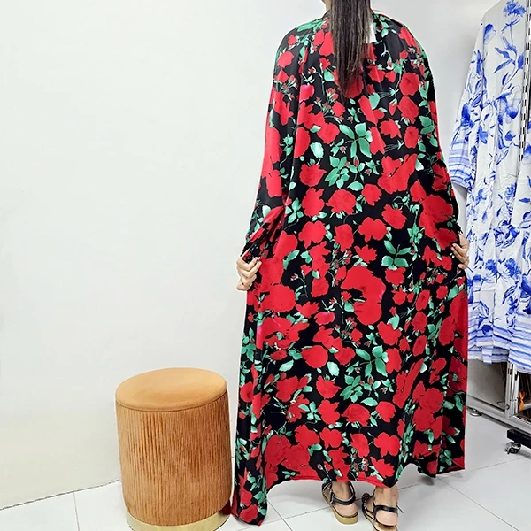 Retro Floral Printed Stand Collar Full Sleeves Split Design Long Maxi DORBE Abay