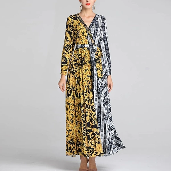 V Neck Mandala Print Full Sleeves Formal Wear A-Line Long Maxi Dress - Yellow