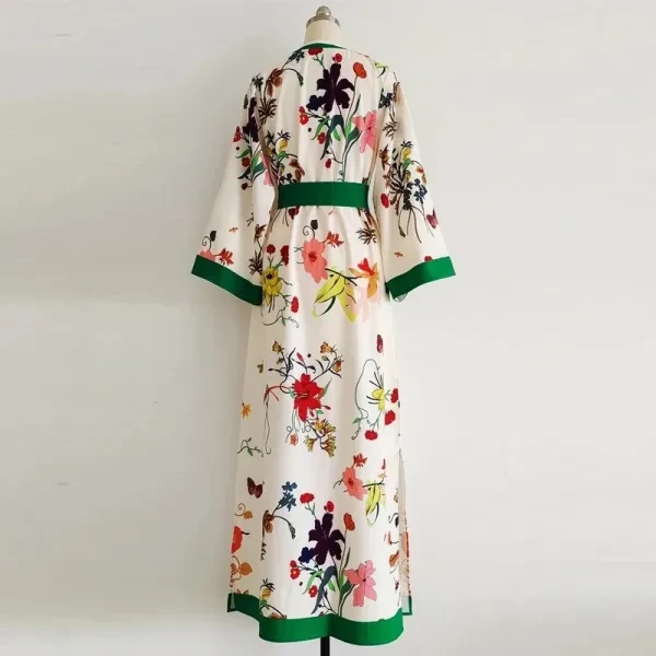Retro Floral Pattern Round Neck Full Sleeves Split Design Maxi Belted Green Dres