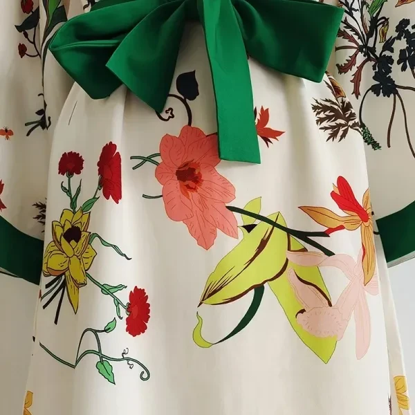 Retro Floral Pattern Round Neck Full Sleeves Split Design Maxi Belted Green Dres