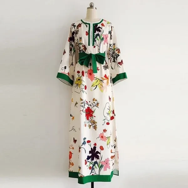Retro Floral Pattern Round Neck Full Sleeves Split Design Maxi Belted Green Dres