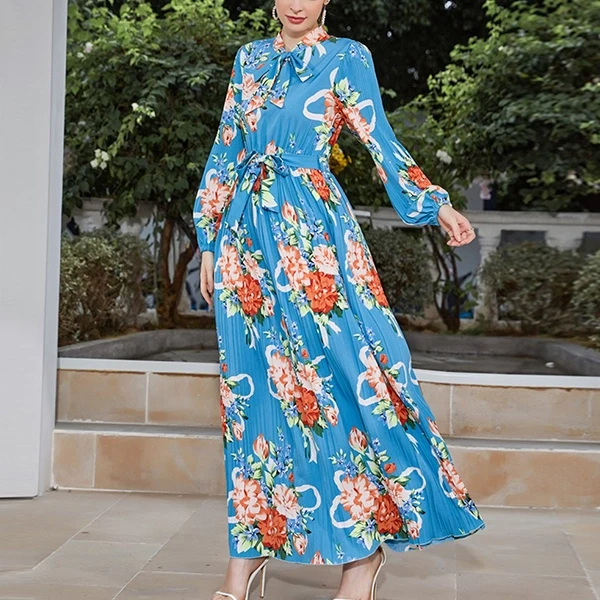 Floral Pattern Bow Neck Full Sleeves Waist Strap Women Maxi Designer Pleated Dre