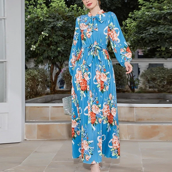 Floral Pattern Bow Neck Full Sleeves Waist Strap Women Maxi Designer Pleated Dre