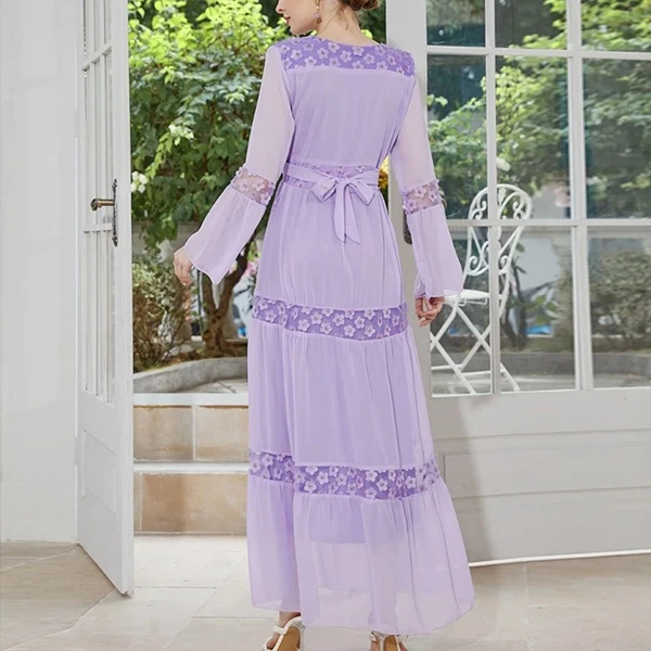 Floral Layer Design Round Neck Full Sleeves Tulle Overlay Maxi Charming Abaya Dr