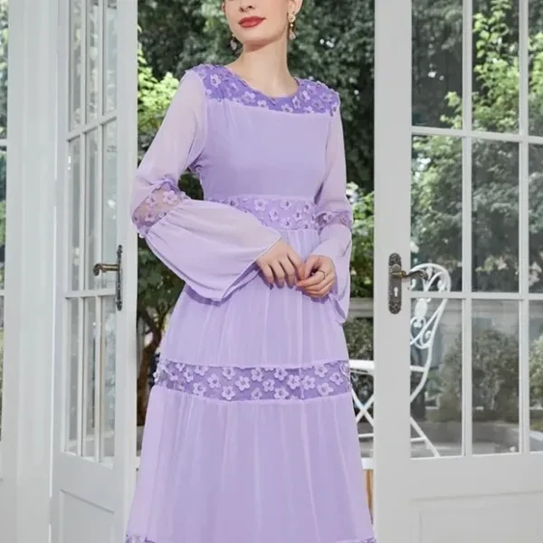 Floral Layer Design Round Neck Full Sleeves Tulle Overlay Maxi Charming Abaya Dr