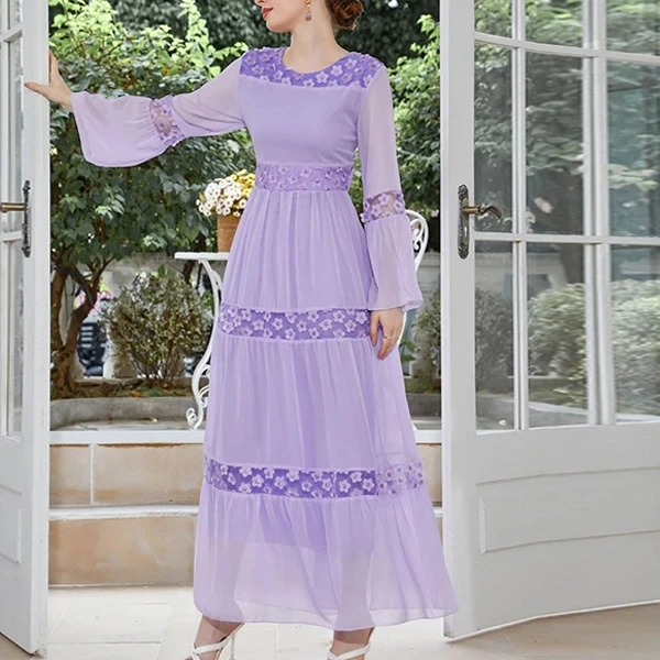 Floral Layer Design Round Neck Full Sleeves Tulle Overlay Maxi Charming Abaya Dr