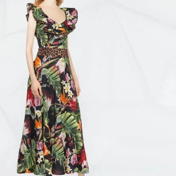 Multi Floral Printed Ruffle Scoop Neck Women Maxi A-Line Sleeveless Dress