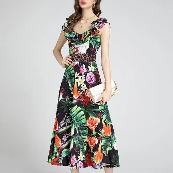 Multi Floral Printed Ruffle Scoop Neck Women Maxi A-Line Sleeveless Dress