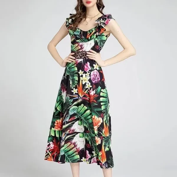 Multi Floral Printed Ruffle Scoop Neck Women Maxi A-Line Sleeveless Dress