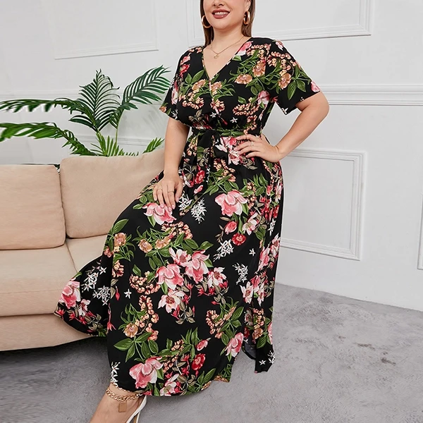 Boho Floral Printed Wrap V Neck Short Sleeves Plus Size Maxi Length Women Belted