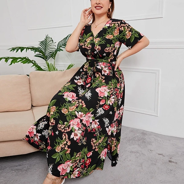 Boho Floral Printed Wrap V Neck Short Sleeves Plus Size Maxi Length Women Belted