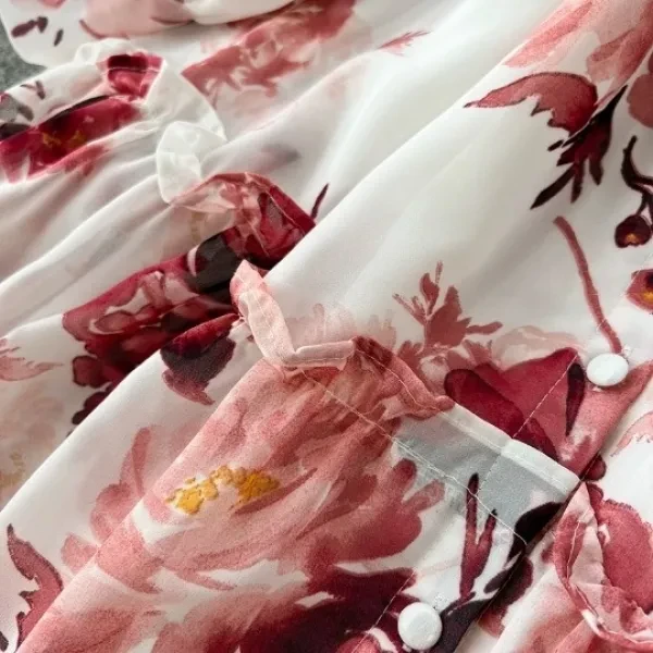 Floral Print Bow Neck Full Sleeves Button-Up Ruffle Layered Maxi Belted Dress