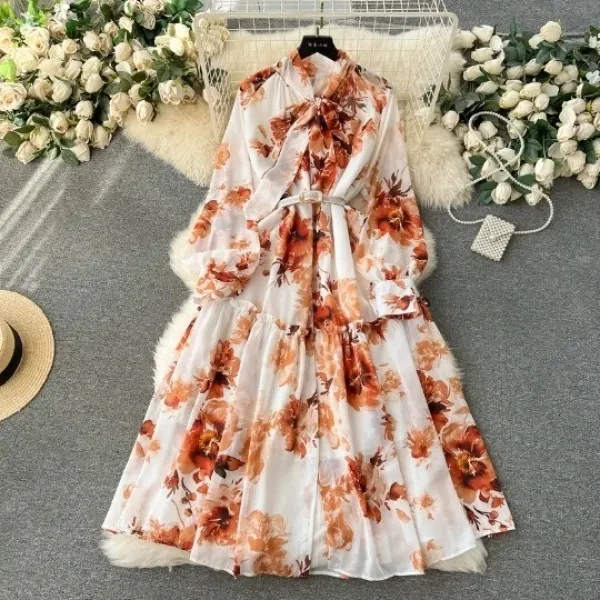 Floral Print Bow Neck Full Sleeves Button-Up Ruffle Layered Maxi Belted Dress