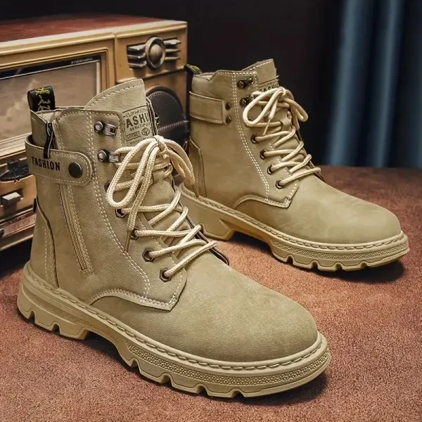 Khaki PU Leather Lace-up Boots for Men - Trendy Style for Parties Outdoor Advent