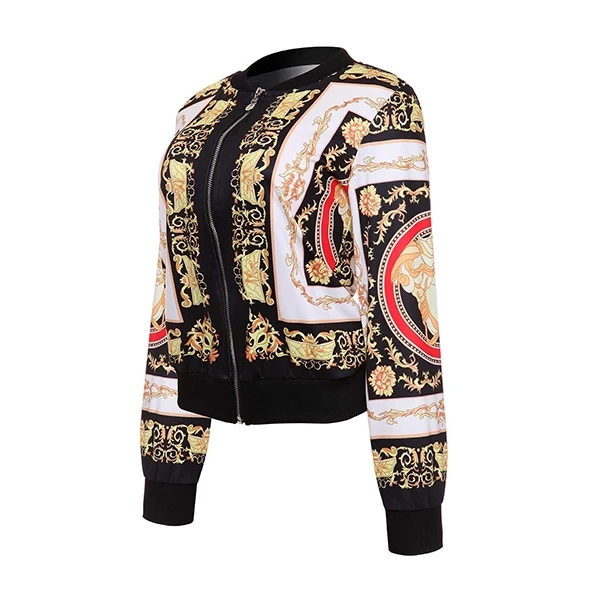 Premium Design Zip Closure Printed Jacket For Women, Zip-Up Stand Collar Vintage
