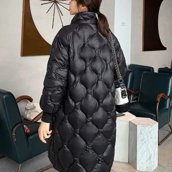 Quilted Black Winter Long Jacket Stylish Zip-Up Coat Stand Collar Thick Warm Out