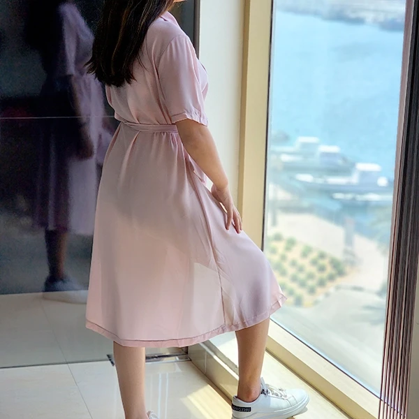 Stylish Women's Pink Long Cardigan with Waist Strap Jacket