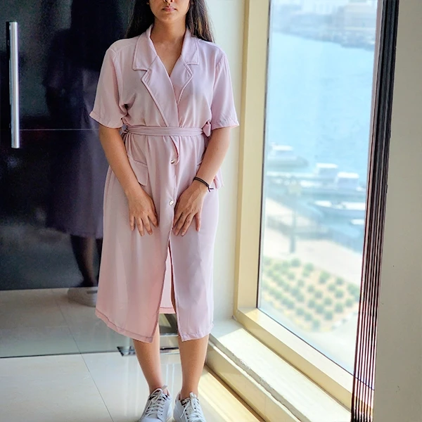 Stylish Women's Pink Long Cardigan with Waist Strap Jacket